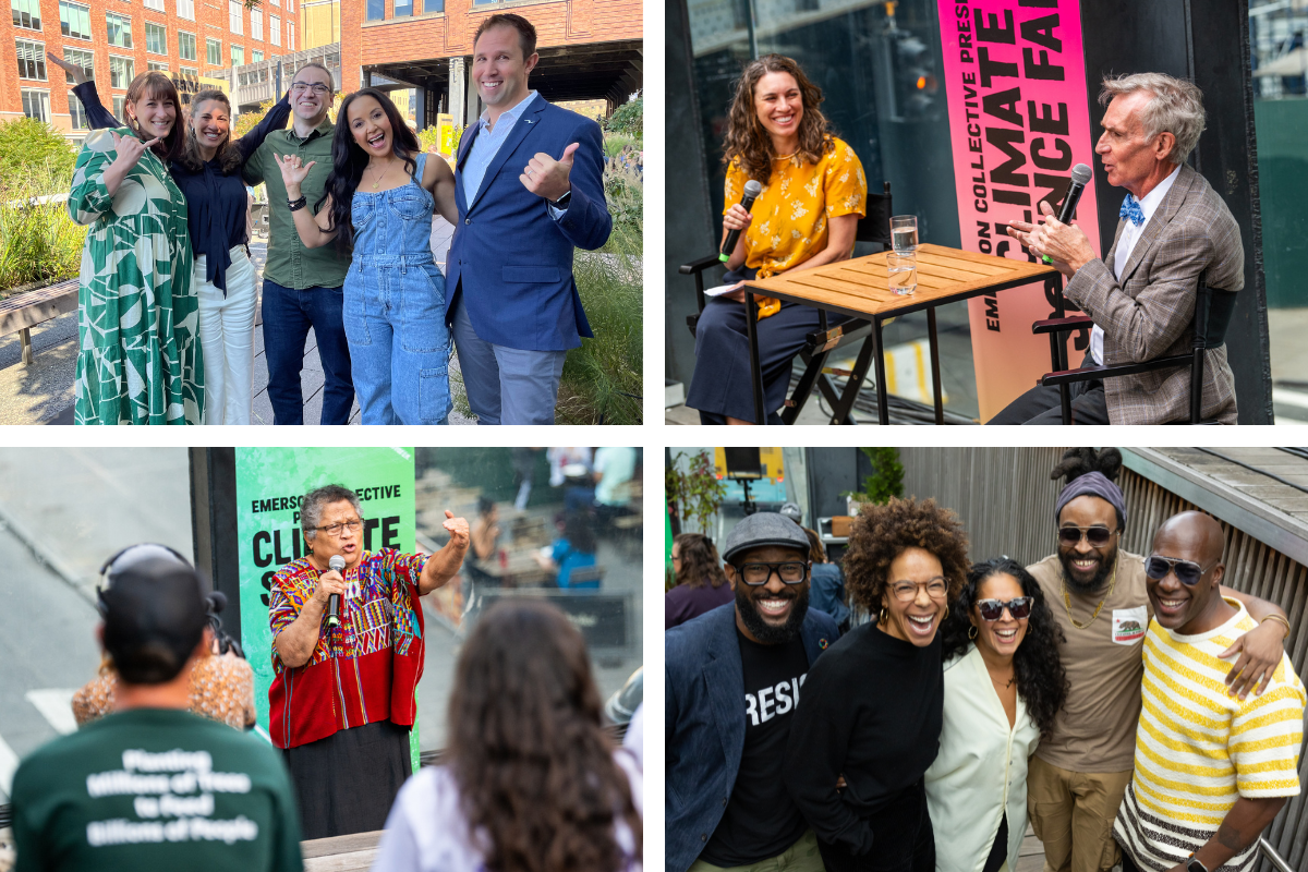 A grid of four photos showing entrepreneurs, climate leaders, artists and speakers at the Climate Science Fair